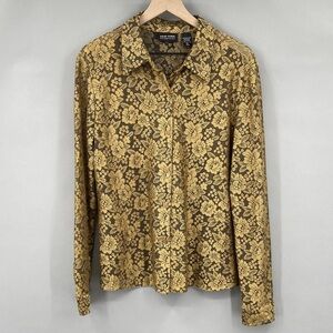 Vintage 90s Women’s Golden Lace Floral Button Up‎ Sheer Shirt Size XL Gold Y2K
